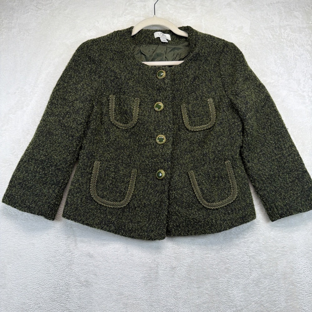 Ann Taylor LOFT Petite Tweed Military Jacket Women 10P Green Wool Blend Blazer